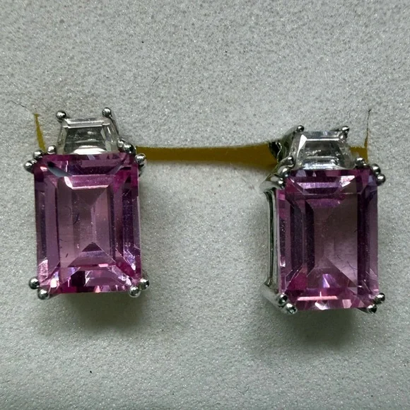 Pink and White Emerald-Cut Topaz Stud Earrings - Picture 6 of 6